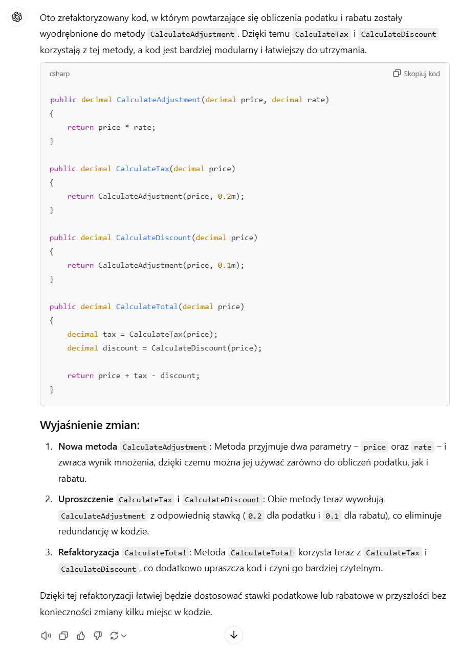 Odpowiedź ChatGPT 4o: Refaktoryzacja obliczeń podatku i rabatu, by uniknąć duplikacji kodu i zwiększyć jego czytelność.