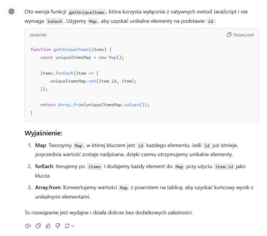 Odpowiedź ChatGPT 4o: Przepisana funkcja getUniqueItems bez użycia zewnętrznej biblioteki lodash, co zwiększa niezależność kodu.