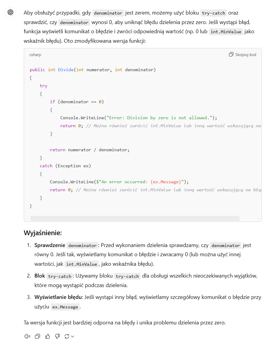 Odpowiedź ChatGPT 4o: Funkcja Divide z obsługą błędów dzielenia przez zero, co zwiększa stabilność aplikacji.