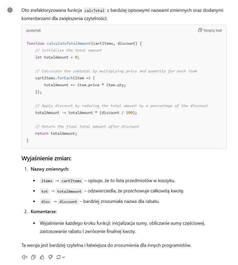 Odpowiedź ChatGPT 4o: Refaktoryzacja funkcji calcTotal, która dzięki opisowym nazwom i komentarzom zwiększa przejrzystość kodu.