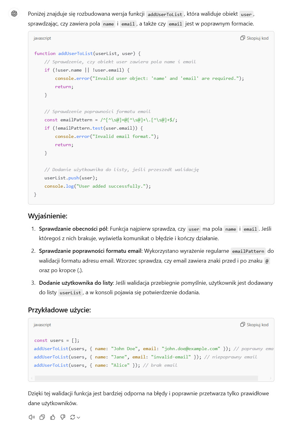 Odpowiedź ChatGPT 4o: Rozbudowana funkcja addUserToList, która sprawdza obecność name i email oraz poprawność formatu adresu e-mail.