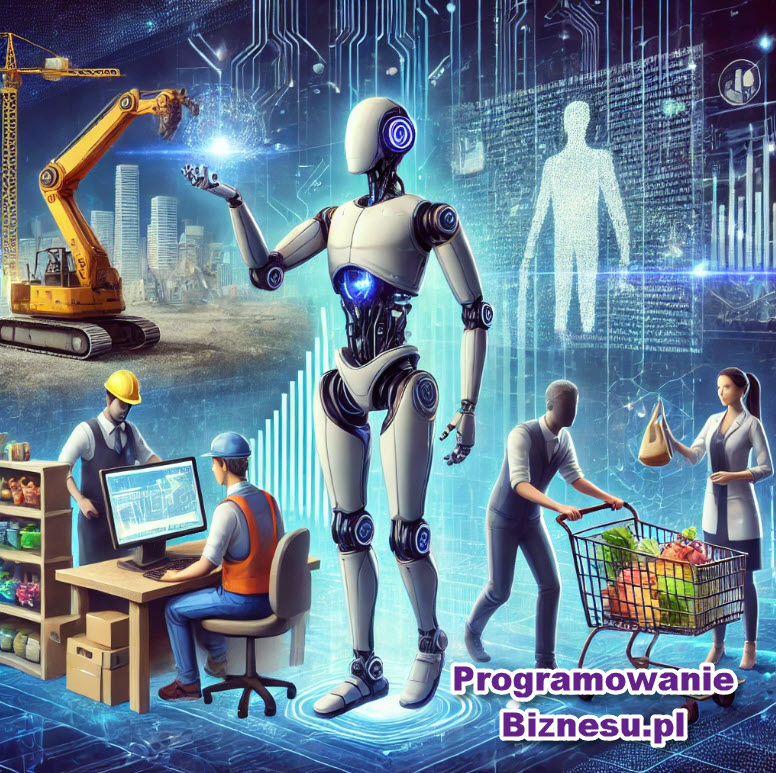 Ilustracja koncepcyjna przedstawiająca wpływ sztucznej inteligencji na różne zawody. Obraz przedstawia futurystycznego robota.