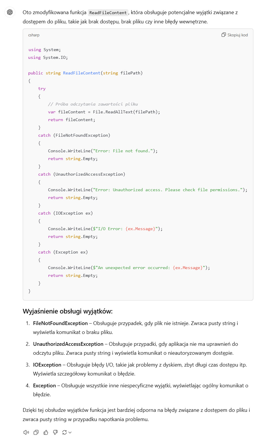Odpowiedź ChatGPT 4o: Rozbudowana funkcja ReadFileContent, która obsługuje błędy dostępu do pliku i zwraca odpowiednie komunikaty o błędach.